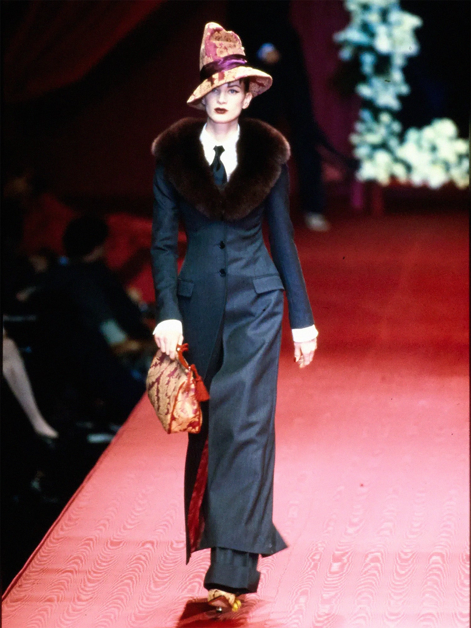 AW97 Pinstripe Coat with Fur Collar