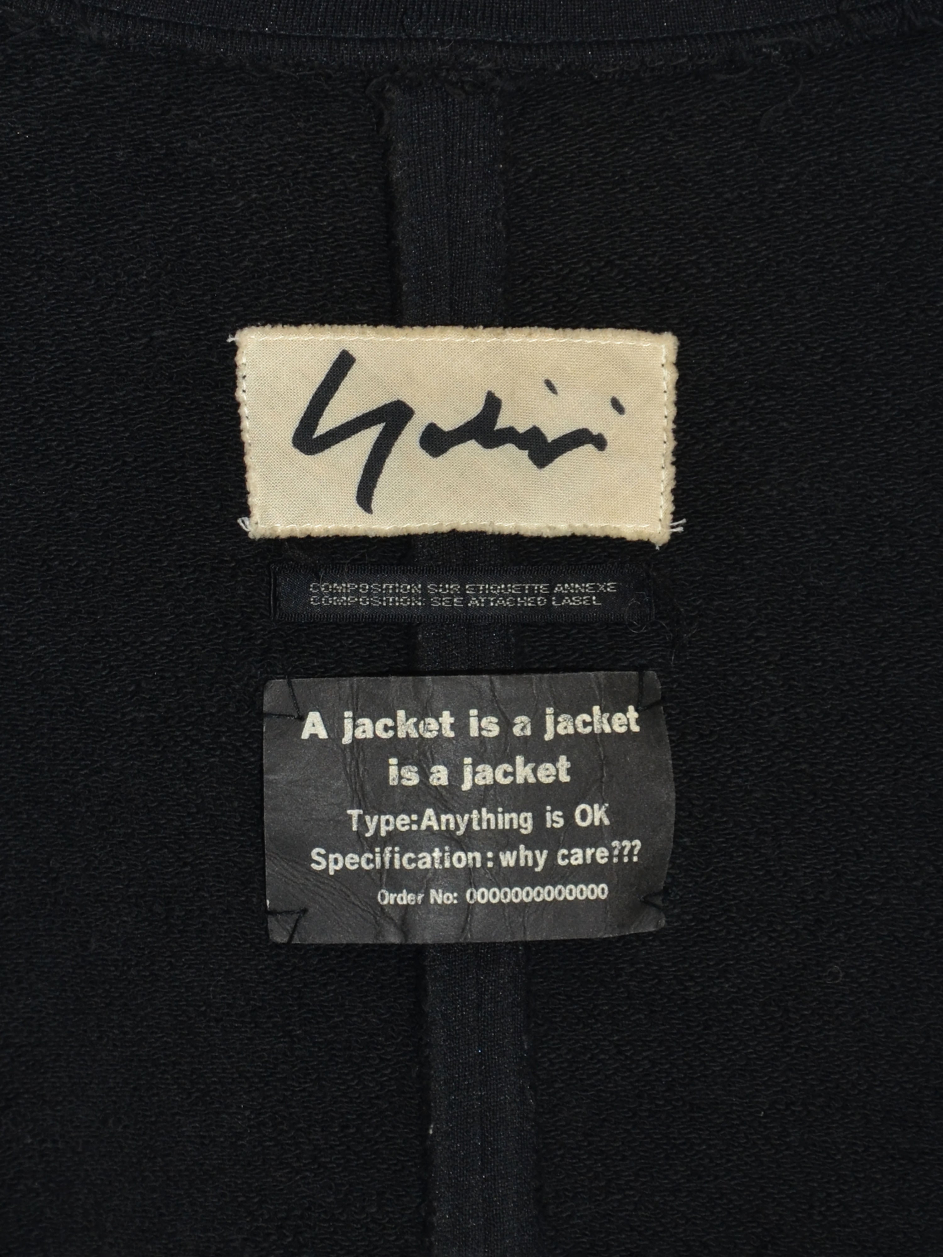A jacket is a jacket is a jacket, anything is ok, Yohji Yamamoto Pour Homme label, tag
